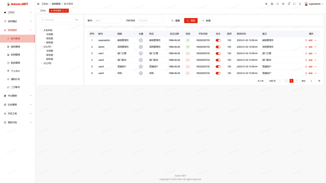 一个基于.NET6实现的通用权限开发框架Admin.NET